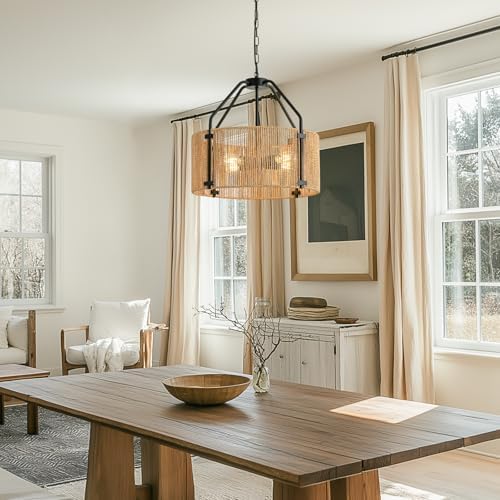 4-Light Rattan Chandelier with Wicker Shade
