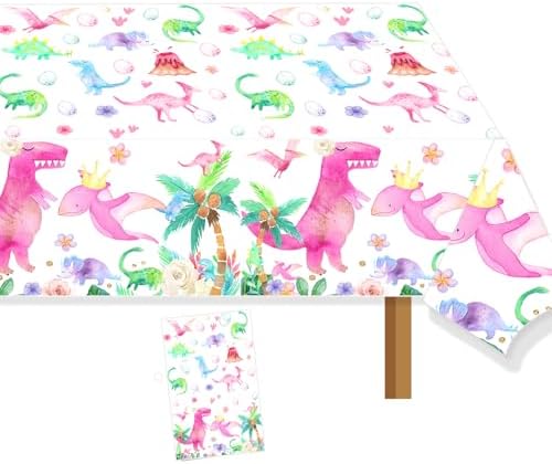 Watercolor Dinosaur Birthday Tablecloth Pink