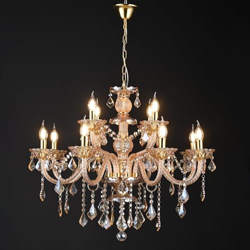 Amber Gold Crystal Chandelier 12 Lights Luxury Pendant Ceiling Fixture
