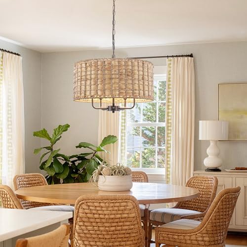 Boho Rattan Chandelier with 5 Lights for Dining Room and Kitchen