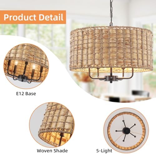Boho Rattan Chandelier with 5 Lights for Dining Room and Kitchen