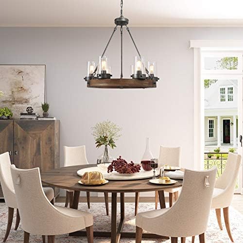 Farmhouse Wood Chandelier with Seeded Glass Shades
