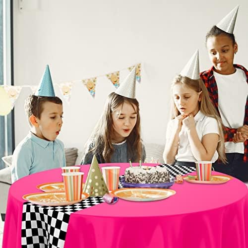 Oudain Cars Birthday Tablecloths - 3pcs Pink Checkered Round Cloth