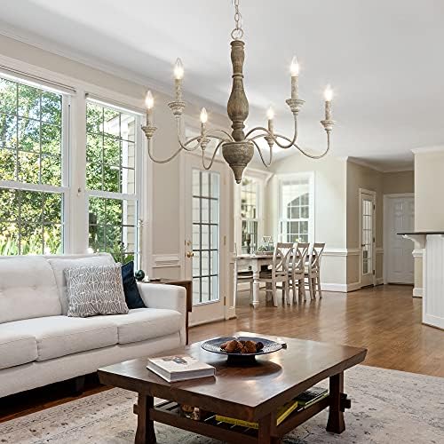 6-Light French Country Chandelier Handmade Real Wood Farmhouse Chandelier with Distressed Finish