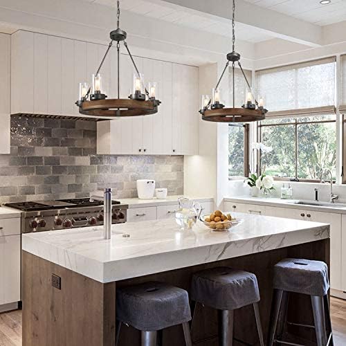 Farmhouse Wood Chandelier with Seeded Glass Shades
