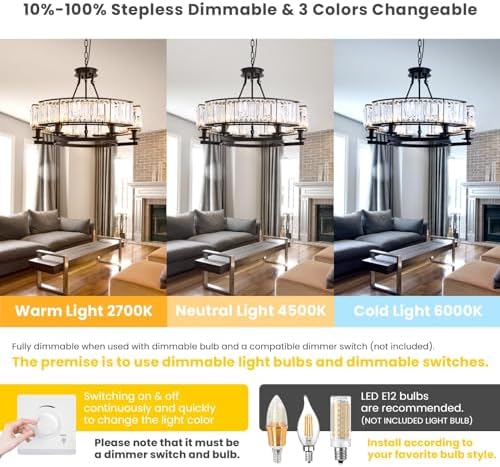 NOXARTE 6 Light Round Crystal Chandelier Black Iron Frame