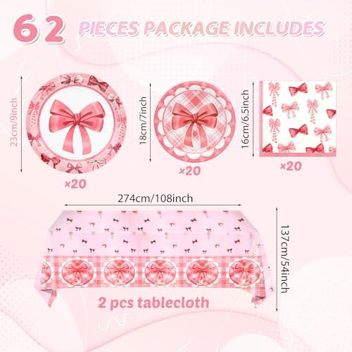62Pcs Pink Bow Party Decor Set for 20 Guests