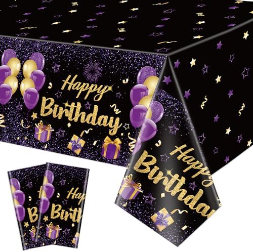 2 Pack Purple Gold Birthday Tablecloths 51x87 Inch