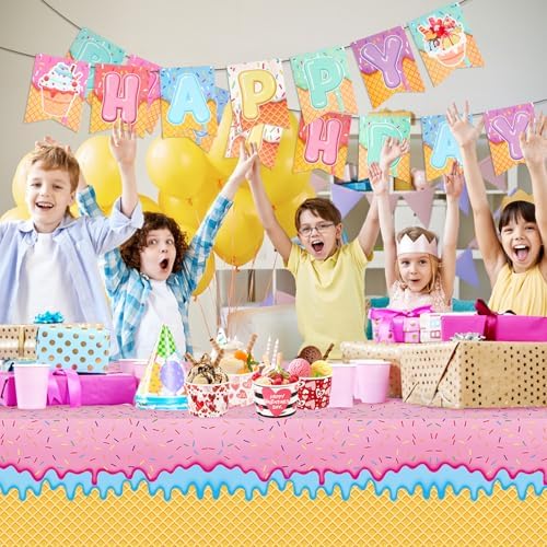PHOGARY Ice Cream Tablecloth with Birthday Banner