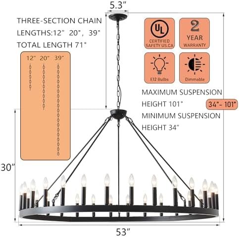 53 Inch 30 Light Farmhouse Wagon Wheel Chandelier