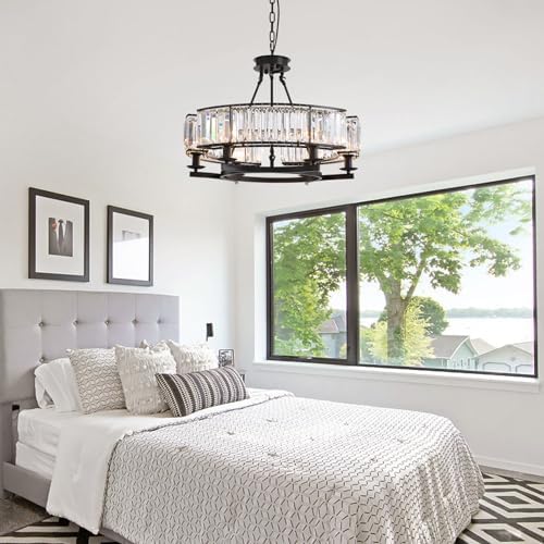 NOXARTE 6 Light Round Crystal Chandelier Black Iron Frame