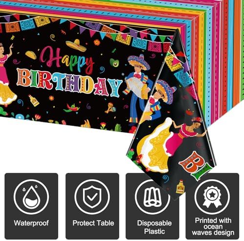 WovWeave 3 Pcs Mexican Fiesta Tablecloths Happy Birthday Decor