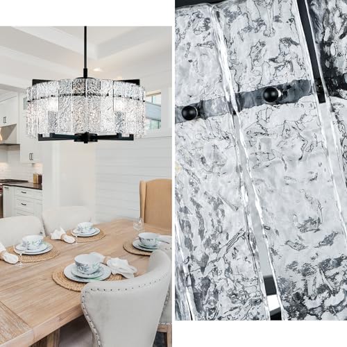 IKK Modern Black Crystal Chandelier with Water Ripple Glass