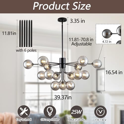 15 Light Sputnik Chandelier Black Modern Ceiling Light Fixture