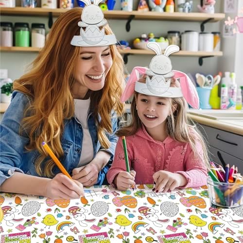 Happy Easter Coloring Tablecloth with 6 Rabbit Headbands
