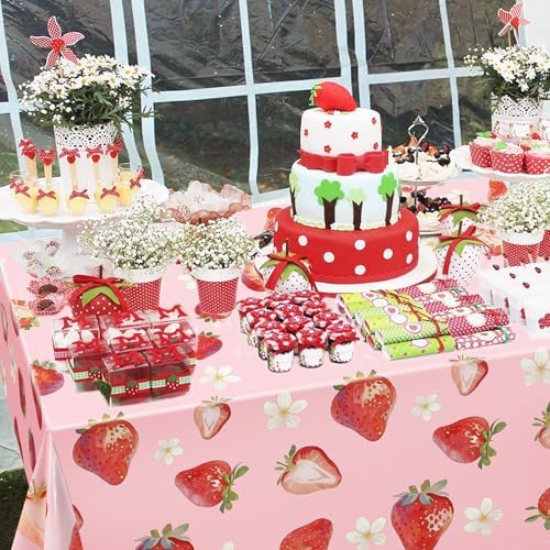 3 Pcs Strawberry Themed Disposable Tablecloth for Parties