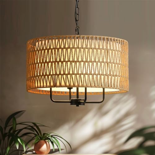4-Light Rattan Farmhouse Chandelier for Dining Room