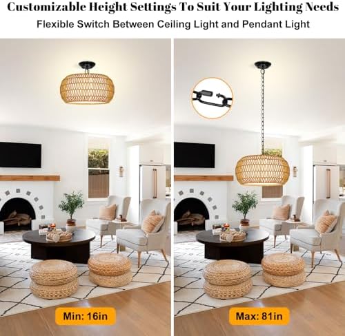 VerRon 19 Inch Rattan Chandelier for Dining Room and Kitchen