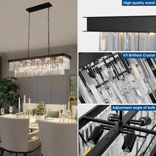 Black Crystal Chandelier 15-Lights Modern Rectangle Dining Room Light Fixture