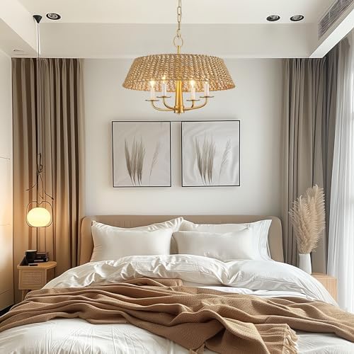 Gold Modern Rattan Chandelier with 4 Lights