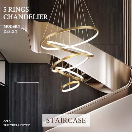 5 Ring Modern LED Chandelier Dimmable Gold for High Ceiling