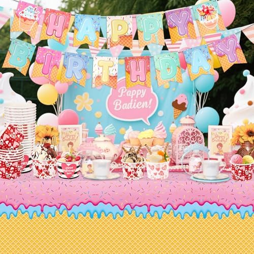 PHOGARY Ice Cream Tablecloth with Birthday Banner