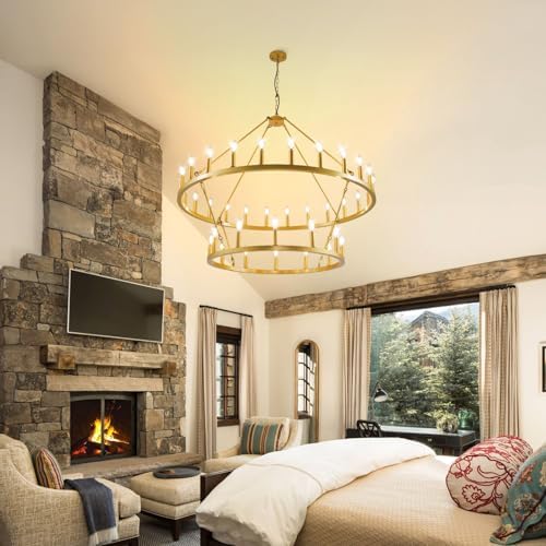 47 Inch Gold Wagon Wheel Chandelier 2 Tier 36 Lights