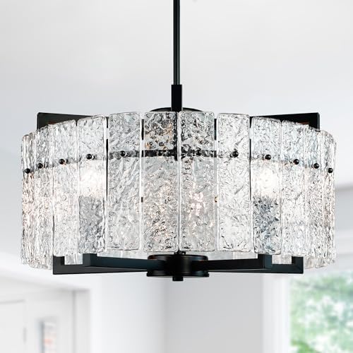 IKK Modern Black Crystal Chandelier with Water Ripple Glass