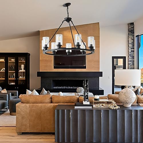 Black Wagon Wheel Chandelier 32 Inch 9 Light Modern Farmhouse Pendant Light