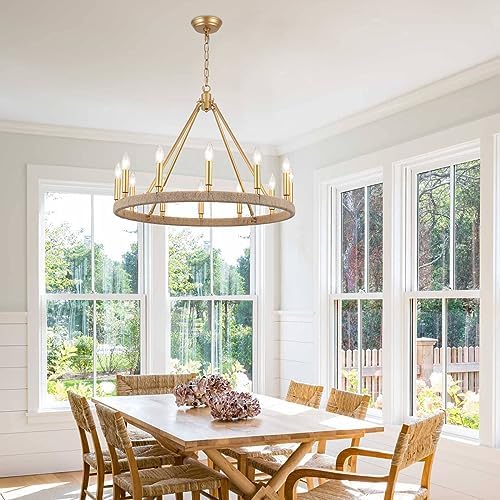 12-Lights Gold Wagon Wheel Chandelier 28 inch Farmhouse Style Ceiling Light