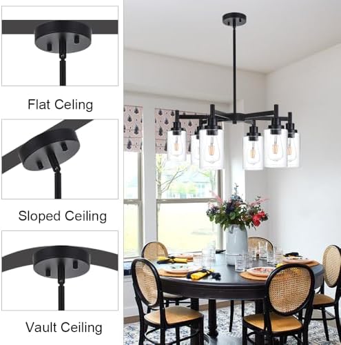 VINLUZ 6 Light Black Chandelier with Clear Glass