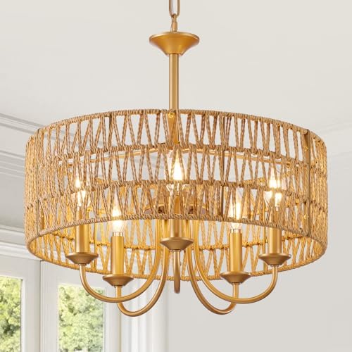 5-Light Boho Rattan Chandelier with Gold Finish