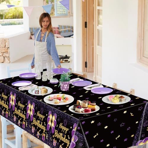 2 Pack Purple Gold Birthday Tablecloths 51x87 Inch