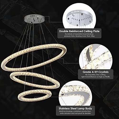 Siljoy LED Chandelier 3 Crystal Rings Modern Ceiling Light