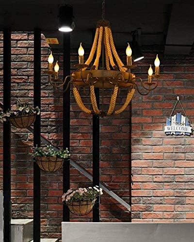 6-Flame Industrial Hemp Rope Chandelier with Iron Frame