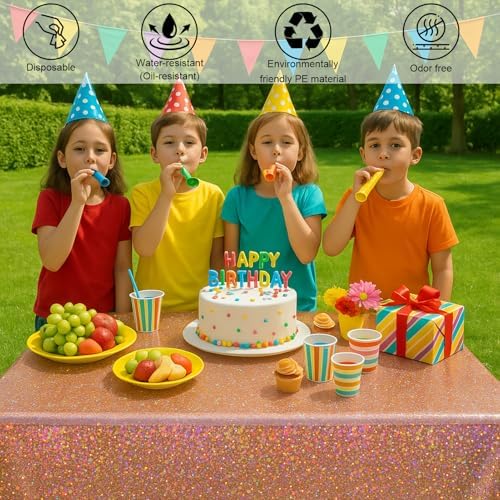 3-Pack 54x108 Inch Rainbow Foil Tablecloths with Rose Gold Holographic Finish