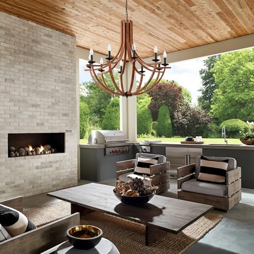 BAOURE 10 Light Rustic Chandelier Black Faux Wood Pendant Light