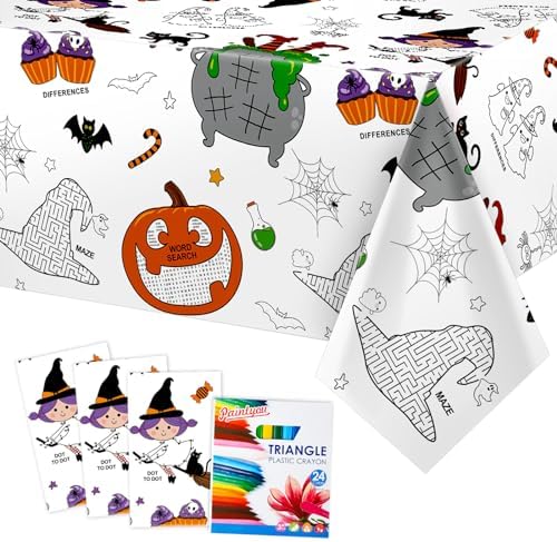 Faccito 3 Pcs Halloween Coloring Tablecloth with Crayons