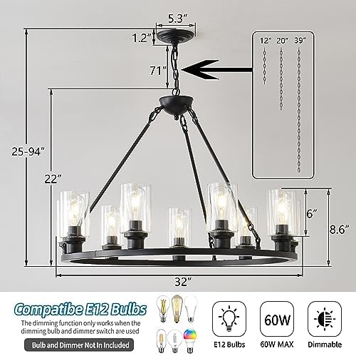 Black Wagon Wheel Chandelier 32 Inch 9 Light Modern Farmhouse Pendant Light