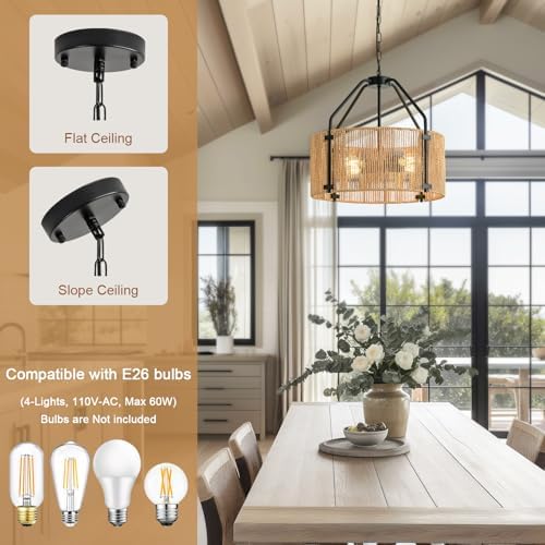 4-Light Rattan Chandelier with Wicker Shade