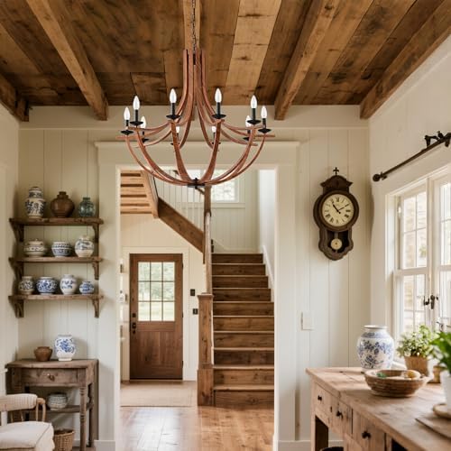 BAOURE 10-Light Wood Texture Farmhouse Chandelier