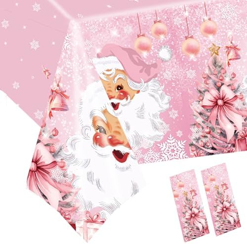 2 Pcs Christmas Tablecloth Santa Claus Pink Snowflake Xmas Cover