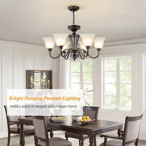 Farmhouse 6-Light Chandelier with Frosted Glass Adjustable Height Pendant Black