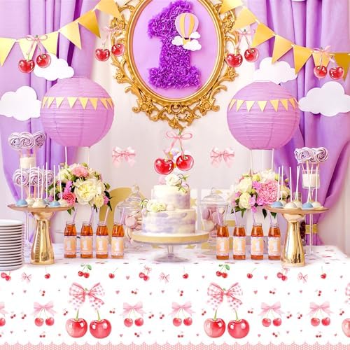 Lide Road 2Pcs Cherry Bow Themed Tablecloth for Birthday Party