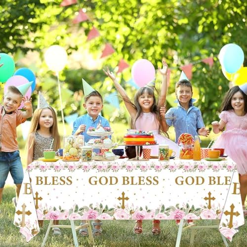 God Bless Pink Floral Baptism Tablecloth