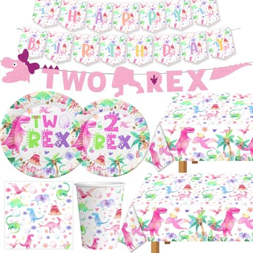 Watercolor Dinosaur Birthday Tablecloth Pink