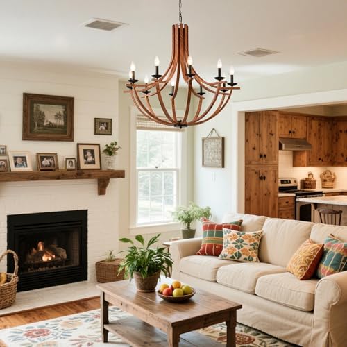 BAOURE 10-Light Wood Texture Farmhouse Chandelier