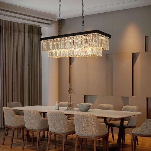Black Crystal Chandelier 15-Lights Modern Rectangle Dining Room Light Fixture