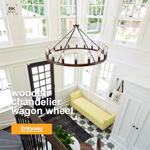 Benkut 47 Inch Black Wagon Wheel Chandelier 18 Light