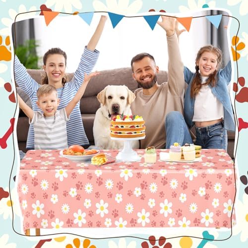 Gilprop 2 Pcs Pink Daisy Paw Print Tablecloths for Dog Parties